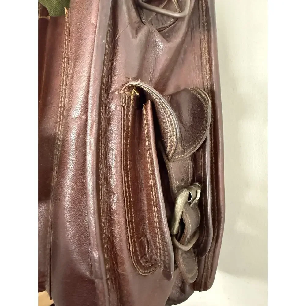 Vintage Brown Leather Messenger Bag-Distressed Patina, Brass Buckle, Green Liner